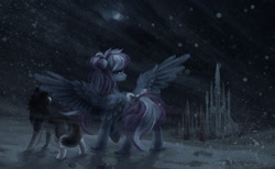Size: 1789x1100 | Tagged: safe, artist:koviry, oc, oc only, oc:wind whistler, dog, pegasus, pony, fanfic:angujaktuat, blizzard, bow, castle, commission, crystal empire, duo, fanfic, fanfic art, fanfic cover, female, hoofprints, husky, looking at something, looking away, looking back, mare, raised hoof, scenery, snow, snowfall, spread wings, tail bow, wings