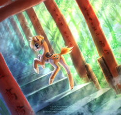 Size: 2500x2370 | Tagged: safe, artist:elzafox, derpibooru import, oc, oc:kiva, pony, robot, robot pony, japanese, looking back, solo, sun