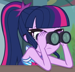 Size: 666x635 | Tagged: safe, derpibooru import, screencap, sci-twi, twilight sparkle, better together, equestria girls, unsolved selfie mysteries, binoculars, clothes, cropped, solo, swimsuit