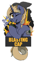 Size: 1904x3408 | Tagged: safe, artist:beardie, derpibooru import, oc, oc only, oc:blasting cap, badge, con badge, grenade, simple background, solo, text, transparent background