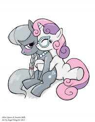 Size: 1024x1316 | Tagged: safe, artist:angel-wing101, silver spoon, sweetie belle, earth pony, pony, unicorn, blushing, commission, cuddling, eyes closed, female, filly, hug, lesbian, looking back, shipping, silver spooning, silverbelle, simple background, spooning, underhoof, watermark, white background