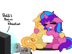 Size: 1024x768 | Tagged: safe, artist:katevelasco, derpibooru import, oc, oc:melody aurora, oc:phoenix dawn, alicorn, unicorn, alicorn oc, baldi's basics in education and learning, controller, female, game, hug, offspring, parent:flash sentry, parent:sunset shimmer, parent:twilight sparkle, parents:canon x oc, parents:flashlight, scared, simple background, television, transparent background