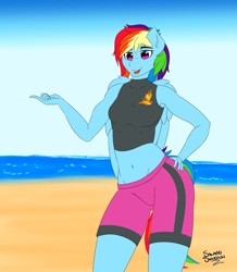 Size: 2481x2843 | Tagged: safe, artist:salamishowdown, derpibooru import, rainbow dash, anthro, plantigrade anthro, equestria girls series, beach, belly button, clothes, equestria girls outfit, female, midriff, solo, swimsuit