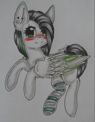 Size: 827x1053 | Tagged: safe, artist:adostume, derpibooru import, pegasus, pony, blushing, clothes, ear piercing, earring, jewelry, piercing, smiling, socks, solo, striped socks, traditional art