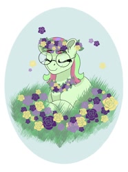 Size: 816x1098 | Tagged: safe, artist:pastel-charms, derpibooru import, oc, oc:pansy everfree, earth pony, pony, adopted offspring, eyes closed, female, glasses, mare, parent:twilight sparkle, prone, solo