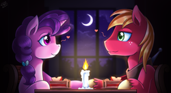 Size: 2000x1091 | Tagged: safe, artist:vavacung, big macintosh, sugar belle, earth pony, pony, unicorn, candle, date, female, food, heart, looking at each other, male, mare, night, pie, shipping, smiling, stallion, straight, sugarmac