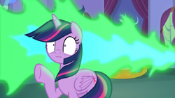 Size: 1920x1080 | Tagged: safe, derpibooru import, screencap, twilight sparkle, twilight sparkle (alicorn), alicorn, molt down, fire, fire breath, shocked, shrunken pupils, solo, surprised