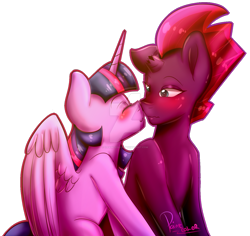 Size: 1280x1209 | Tagged: safe, artist:paintcoloryt, derpibooru import, tempest shadow, twilight sparkle, alicorn, pony, blushing, broken horn, cute, eye scar, eyes closed, female, horn, lesbian, mare, nuzzling, scar, shipping, simple background, tempestlight, transparent background, watermark, wings