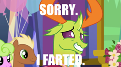 Size: 843x468 | Tagged: safe, edit, edited screencap, screencap, daisy, flower wishes, meadow song, thorax, changedling, changeling, pony, celestial advice, caption, cute, embarrassed, image macro, implied farting, king thorax, meme, more fun than it sounds, text, thorabetes