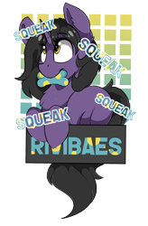 Size: 1725x2625 | Tagged: safe, artist:beardie, derpibooru import, oc, oc only, oc:rivibaes, badge, con badge, onomatopoeia, simple background, solo, squeak, squeaky toy, transparent background