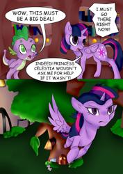 Size: 752x1062 | Tagged: safe, artist:kimmicatgreentea, derpibooru import, spike, twilight sparkle, twilight sparkle (alicorn), alicorn, dragon, comic:curse and madness, comic, female, flying, golden oaks library, mare, mlpcam, text bubbles