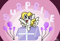 Size: 1257x859 | Tagged: safe, artist:pinkiepie6680, surprise, pony, balloon, box, pony in a box, solo