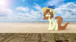 Size: 1920x1080 | Tagged: safe, artist:chickenbrony, oc, oc only, pony, unicorn, bikini, clothes, fluffy, looking back, smiling, solo, summer, swimsuit