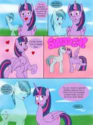 Size: 1000x1355 | Tagged: safe, artist:emilou1985, crystal arrow, crystal beau, twilight sparkle, twilight sparkle (alicorn), alicorn, crystal pony, pony, comic:signs, comic, crystaltwi, female, heart, kissing, male, plot, pregnant, shipping, straight, transparent flesh