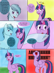 Size: 1000x1346 | Tagged: safe, artist:emilou1985, crystal arrow, crystal beau, twilight sparkle, twilight sparkle (alicorn), alicorn, crystal pony, pony, comic:signs, comic, crystaltwi, excited, female, halo, happy, male, pregnant, screaming, shipping, smiling, squee, straight, transparent flesh