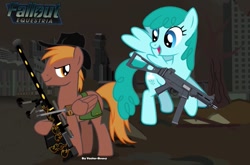 Size: 799x527 | Tagged: safe, derpibooru import, spring melody, sprinkle medley, oc, oc:calamity, pegasus, pony, fallout equestria, anti-machine rifle, anti-materiel rifle, assault rifle, battle saddle, cutie mark, dashite, dead tree, fanfic, fanfic art, female, flying, gun, hat, hooves, male, mare, open mouth, optical sight, rifle, ruins, saddle bag, smiling, sniper rifle, spitfire's thunder, spread wings, stallion, submachinegun, text, tree, ump45, wasteland, weapon, wings