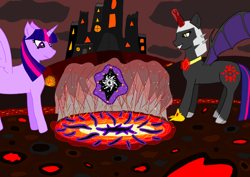 Size: 2000x1414 | Tagged: safe, artist:katya, derpibooru import, twilight sparkle, twilight sparkle (alicorn), oc, oc:fallenlight, alicorn, pony, amulet, castle, hellfire, lava, portal