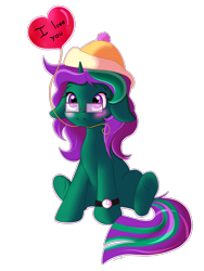 Size: 3000x4000 | Tagged: safe, artist:zobaloba, derpibooru import, oc, oc only, oc:buggy code, pony, balloon, blushing, commission, cute, female, floppy ears, glasses, heart, i love you, mare, simple background, solo, transparent background, watch, ych result