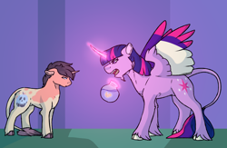 Size: 3450x2250 | Tagged: safe, artist:minsona, derpibooru import, twilight sparkle, twilight sparkle (alicorn), oc, oc:eden apple, alicorn, classical unicorn, pony, unicorn, cloven hooves, colored wings, colt, description is relevant, female, fishbowl, glowing horn, goldfish, leonine tail, levitation, magic, male, mare, mother and child, mother and son, multicolored wings, necromancy, offspring, parent and child, parent:big macintosh, parent:twilight sparkle, parents:twimac, scolding, spread wings, telekinesis, unshorn fetlocks, wings