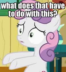 Size: 437x475 | Tagged: safe, edit, edited screencap, screencap, sweetie belle, pony, the fault in our cutie marks, confused, cropped, image macro, meme, reaction image, solo