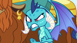 Size: 1280x720 | Tagged: safe, derpibooru import, screencap, prince rutherford, princess ember, dragon, yak, school daze, angry, clenched fist, dragoness, ear piercing, ember is not amused, female, furious, gritted teeth, growling, horns, i'll show you unpredictable, offended, slit eyes, spread wings