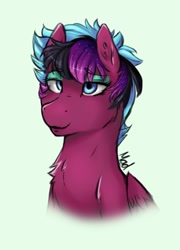 Size: 584x811 | Tagged: safe, artist:mad-maker-cat, derpibooru import, oc, pegasus, pony, bust, female, green background, mare, portrait, simple background, solo