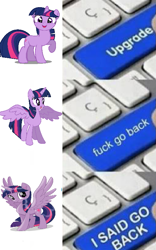 Size: 499x800 | Tagged: safe, artist:nightshadowmlp, derpibooru import, twilight sparkle, twilight sparkle (alicorn), alicorn, my little pony: the movie, exploitable meme, keyboard, meme, smiling, unintentional drama, upgrade, upgrade meme, vulgar