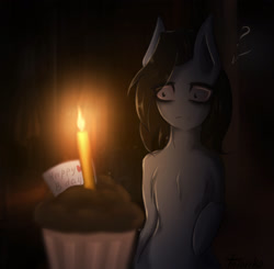 Size: 2177x2133 | Tagged: safe, artist:taleriko, oc, oc only, oc:taleriko, anthro, earth pony, unguligrade anthro, arm hooves, candle, chest fluff, dark background, darkness, dim light, female, food, muffin, question mark, rcf community, solo