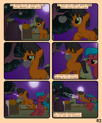 Size: 900x1080 | Tagged: safe, artist:lister-of-smeg, derpibooru import, oc, oc only, oc:crosspatch, oc:lazybug, earth pony, pony, comic:zap-o-lantern, apple, colt, comic, female, food, male, mare, night, pumpkin, tree, unripe zap apple, zap apple, zap apple tree