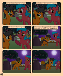 Size: 900x1080 | Tagged: safe, artist:lister-of-smeg, derpibooru import, oc, oc only, oc:crosspatch, oc:lazybug, earth pony, pony, comic:zap-o-lantern, apple, colt, comic, female, food, male, mare, night, pumpkin, tree, unripe zap apple, zap apple, zap apple tree