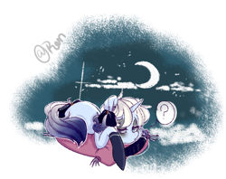 Size: 1024x809 | Tagged: safe, artist:ren6969, derpibooru import, oc, oc only, unicorn, clothes, female, insomnia, makeup, mare, moon, question mark, signature, socks, solo