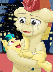 Size: 1400x1920 | Tagged: safe, artist:h3nger, derpibooru import, oc, oc:apogee, oc:jet stream, pegasus, pony, baby, crying, fanfic, fanfic art, father and child, father and daughter, female, freckles, male, parent and child, sad, smiling, stallion, text, younger
