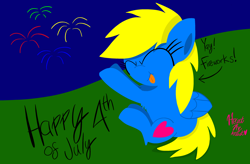 Size: 3072x2010 | Tagged: safe, artist:hearttheartist, derpibooru exclusive, derpibooru import, oc, oc only, oc:heart cake, pegasus, pony, 4th of july, celebration, eyes closed, eyestrain warning, fireworks, grass, holiday, needs more saturation, sitting, sky, solo, tongue out