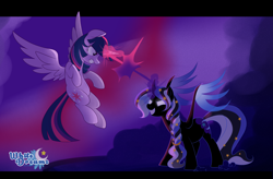 Size: 4319x2836 | Tagged: safe, artist:xwhitedreamsx, derpibooru import, twilight sparkle, twilight sparkle (alicorn), oc, alicorn, pony, alicorn oc, blast, commission, digital art, evil grin, female, fight, grin, magic, magic blast, signature, smiling