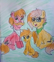 Size: 419x475 | Tagged: safe, artist:kenos, oc, oc only, oc:jade sprockett, oc:sili sprockett, family photo, female, filly, traditional art