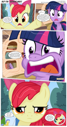 Size: 3300x6231 | Tagged: safe, artist:perfectblue97, apple bloom, twilight sparkle, earth pony, pony, comic:without magic, absurd resolution, blank flank, book, bookshelf, comic, earth pony twilight, golden oaks library, royal guard