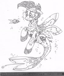 Size: 2278x2694 | Tagged: safe, artist:selenophile, derpibooru import, fish, pony, robot, robot pony, seapony (g4), bubble, detailed, monochrome, traditional art, unsure