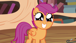 Size: 1280x720 | Tagged: safe, derpibooru import, screencap, scootaloo, pegasus, pony, book, cute, cutealoo, female, filly, golden oaks library, library, smiling, solo, wide eyes