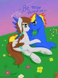 Size: 768x1024 | Tagged: safe, artist:wing, derpibooru import, oc, oc:scarlett drop, oc:wing hurricane, pegasus, pony, cute, eye contact, flower, grass, ground, holiday, hug, large wings, looking at each other, pigtails, scarricane, shipping, sky, smiling, starfall, stars, sunset, teeth, underhoof, valentine, valentine's day, valentine's day card, wings