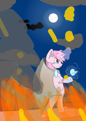 Size: 1344x1886 | Tagged: safe, artist:springshrub, derpibooru import, oc, oc only, oc:spirit flame, cape, clothes, fire, magic