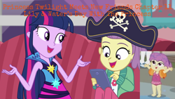 Size: 1280x720 | Tagged: safe, artist:huntercwalls, derpibooru import, edit, edited screencap, screencap, lily pad (equestria girls), twilight sparkle, water lily (equestria girls), better together, equestria girls, pinkie sitting, rainbow rocks, x marks the spot, clothes, fanfic, fanfic art, friendship, happy, one-piece swimsuit, swimsuit