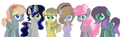 Size: 1024x318 | Tagged: safe, artist:leanne264, derpibooru import, oc, oc only, oc:anastasia, oc:crystal blue, oc:fiery storms, oc:laurel quartz, oc:royal gem, oc:sandstone apple pie, earth pony, pegasus, pony, unicorn, base used, colored sclera, female, floppy ears, interspecies offspring, magical lesbian spawn, mare, next generation, offspring, parent:applejack, parent:cheerilee, parent:dumbbell, parent:fluttershy, parent:king sombra, parent:maud pie, parent:pinkie pie, parent:prince blueblood, parent:queen chrysalis, parent:rainbow dash, parent:rarity, parent:twilight sparkle, parents:cheeripie, parents:chrysashy, parents:dumbdash, parents:maudjack, parents:rariblood, parents:twibra, simple background, transparent background