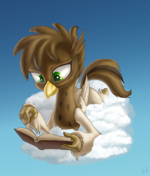 Size: 3000x3508 | Tagged: safe, artist:sharpy, derpibooru import, oc, oc only, hippogriff, book, cloud, commission, female, reading, solo