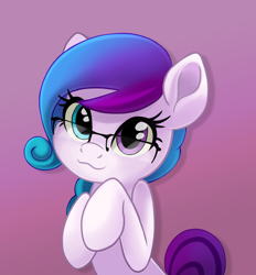 Size: 1200x1294 | Tagged: safe, artist:taneysha, derpibooru import, oc, oc only, oc:aurora starling, earth pony, pony, :3, adorable face, cute, female, glasses, gradient background, gradient mane, heterochromia, looking at you, mare, ocbetes, simple background, solo