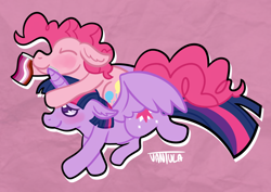 Size: 900x636 | Tagged: safe, artist:vantula, derpibooru import, pinkie pie, twilight sparkle, twilight sparkle (alicorn), alicorn, earth pony, pony, blushing, duo, eyes closed, female, flag, lesbian, lesbian pride flag, mare, mouth hold, pink background, pride, shipping, simple background, twinkie