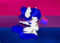 Size: 1054x768 | Tagged: safe, artist:blueskysilversong, derpibooru import, oc, pegasus, pony, abstract background, bisexual pride flag, bisexuality, colored wings, colored wingtips, flag, hoof hold, pride, sitting, solo