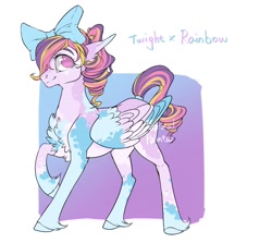 Size: 1000x892 | Tagged: safe, artist:rossignolet, derpibooru import, oc, oc only, pegasus, pony, bow, chest fluff, female, hair bow, magical lesbian spawn, next generation, not princess skyla, offspring, parent:rainbow dash, parent:twilight sparkle, parents:twidash, solo, unshorn fetlocks