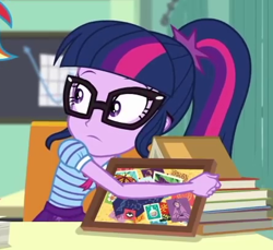 Size: 445x407 | Tagged: safe, derpibooru import, screencap, sci-twi, twilight sparkle, better together, equestria girls, the last day of school, book, cropped, female, glasses, solo