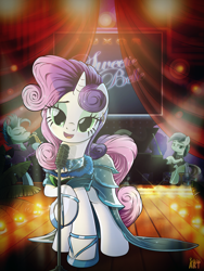 Size: 1500x2000 | Tagged: safe, alternate version, artist:ruhisu, blue note, coloratura, sweetie belle, earth pony, pony, unicorn, beautiful, clothes, dress, ear piercing, earring, female, gown, jewelry, looking at you, lovely, luxor hotel & casino, male, mare, microphone, musical instrument, older, piano, piercing, saxophone, singing, stallion