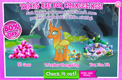 Size: 794x525 | Tagged: safe, derpibooru import, changedling, changeling, to change a changeling, advertisement, costs real money, fire pit, gameloft, official, solo